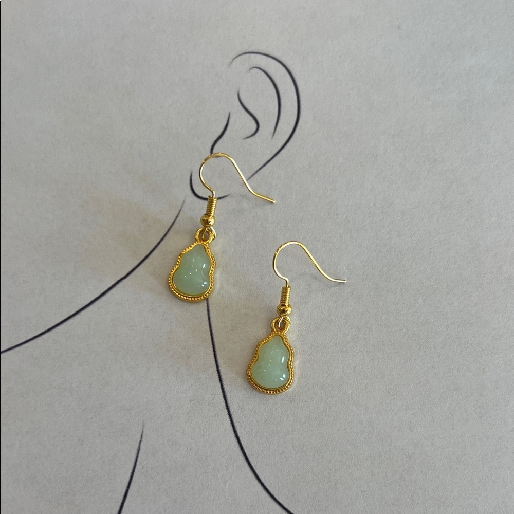 Green Jade Drop Earrings Gold Tone | Minimalist Dainty Stone Jewelry
